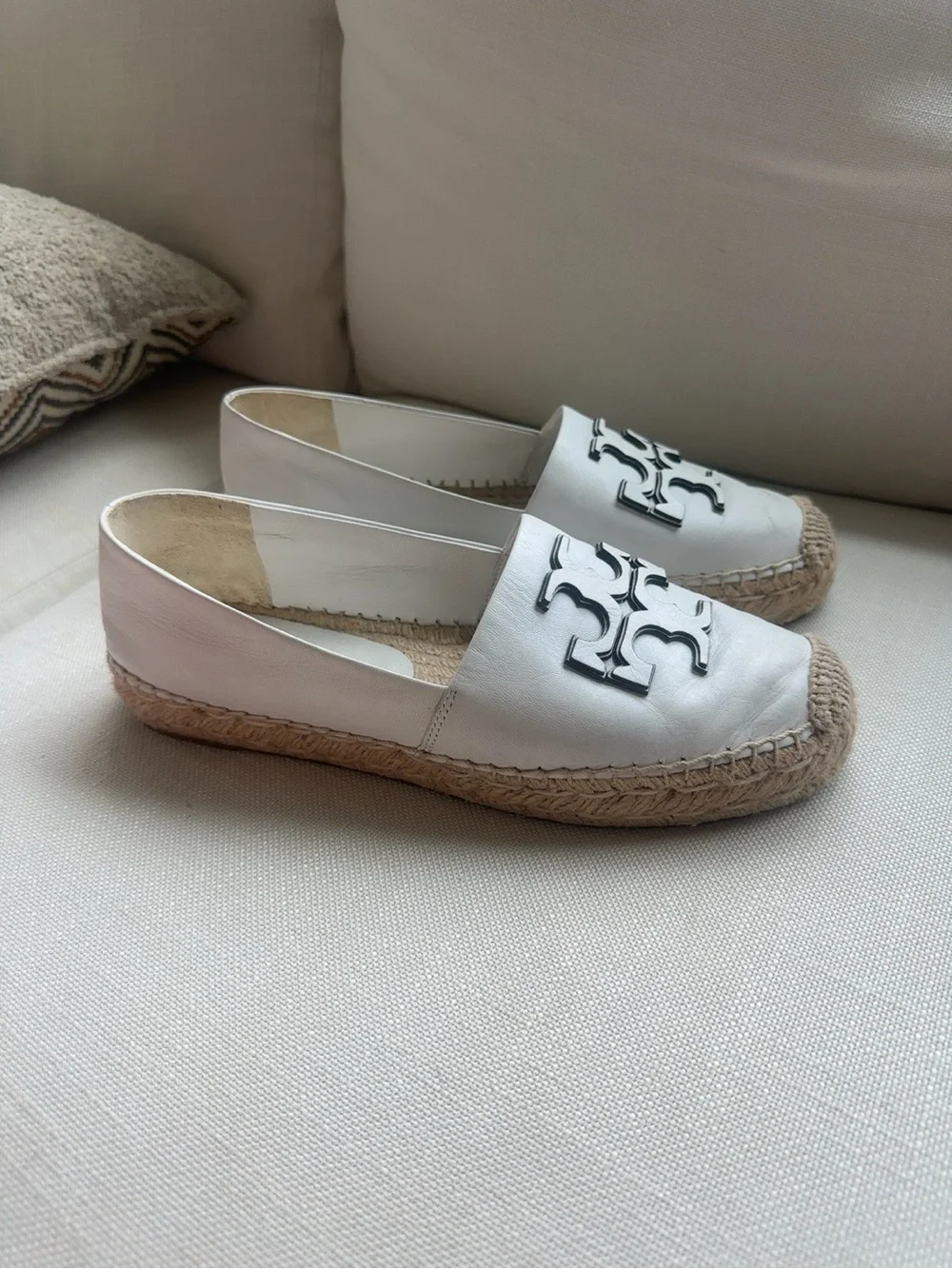 Tory Burch White Leather Espadrille Flats Double T Logo 9.5